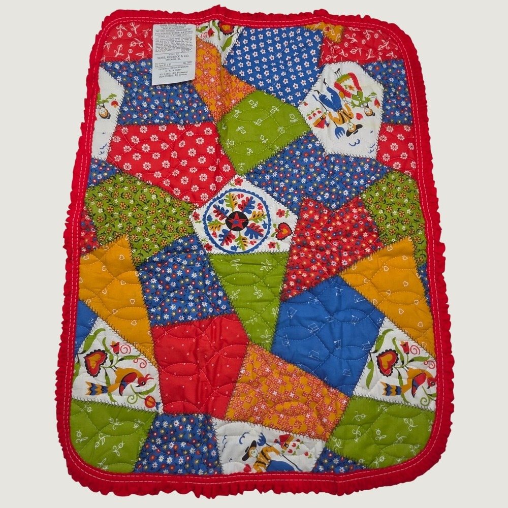 Vintage Cottagecore Sears Quilted Pillow Sham Case Red Patchwork Dutch Folk Art